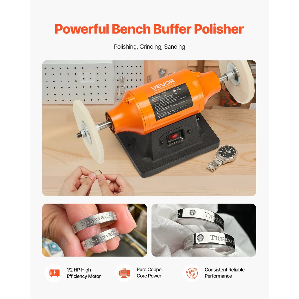 VEVOR 1/2HP Bench Buffer Polisher, 6-inch Bench Polishing Buffing Machine, 3450RPM Single Speed Benchtop Polisher with 2PCS Cloth Wheels & Cast Iron Base for Metal, Jewelry, Wood Polishing