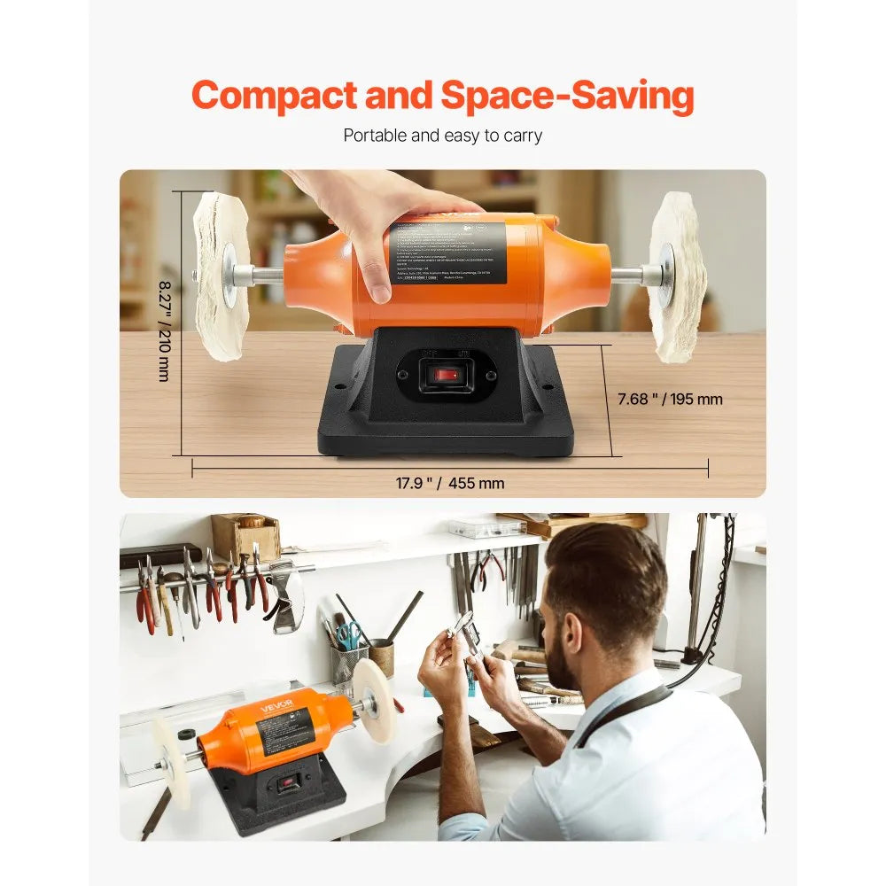 VEVOR 1/2HP Bench Buffer Polisher, 6-inch Bench Polishing Buffing Machine, 3450RPM Single Speed Benchtop Polisher with 2PCS Cloth Wheels & Cast Iron Base for Metal, Jewelry, Wood Polishing