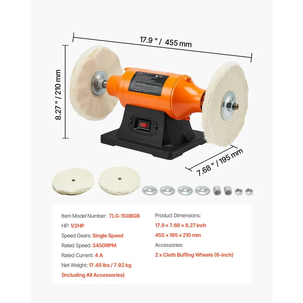 VEVOR 1/2HP Bench Buffer Polisher, 6-inch Bench Polishing Buffing Machine, 3450RPM Single Speed Benchtop Polisher with 2PCS Cloth Wheels & Cast Iron Base for Metal, Jewelry, Wood Polishing