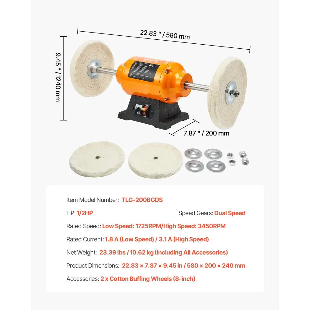 VEVOR 1/2HP Bench Buffer Polisher, 8-inch Bench Polishing Buffing Machine, 1725RPM/3450RPM Dual Speed Benchtop Polisher with 2PCS Cotton Wheels & Cast Iron Base for Metal, Jewelry, Wood Polishing