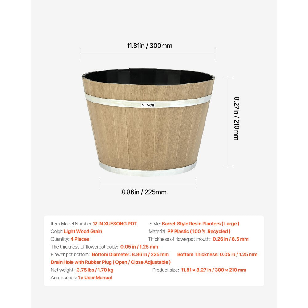 VEVOR Plant Pots, 4 Pack 11.81 inch Whiskey Barrel Planters with Drainage Holes, Large Outside Plastic Decoration Flower Pot Imitation Wine Barrel Design for Indoor Outdoor Garden Home Plants, Brown