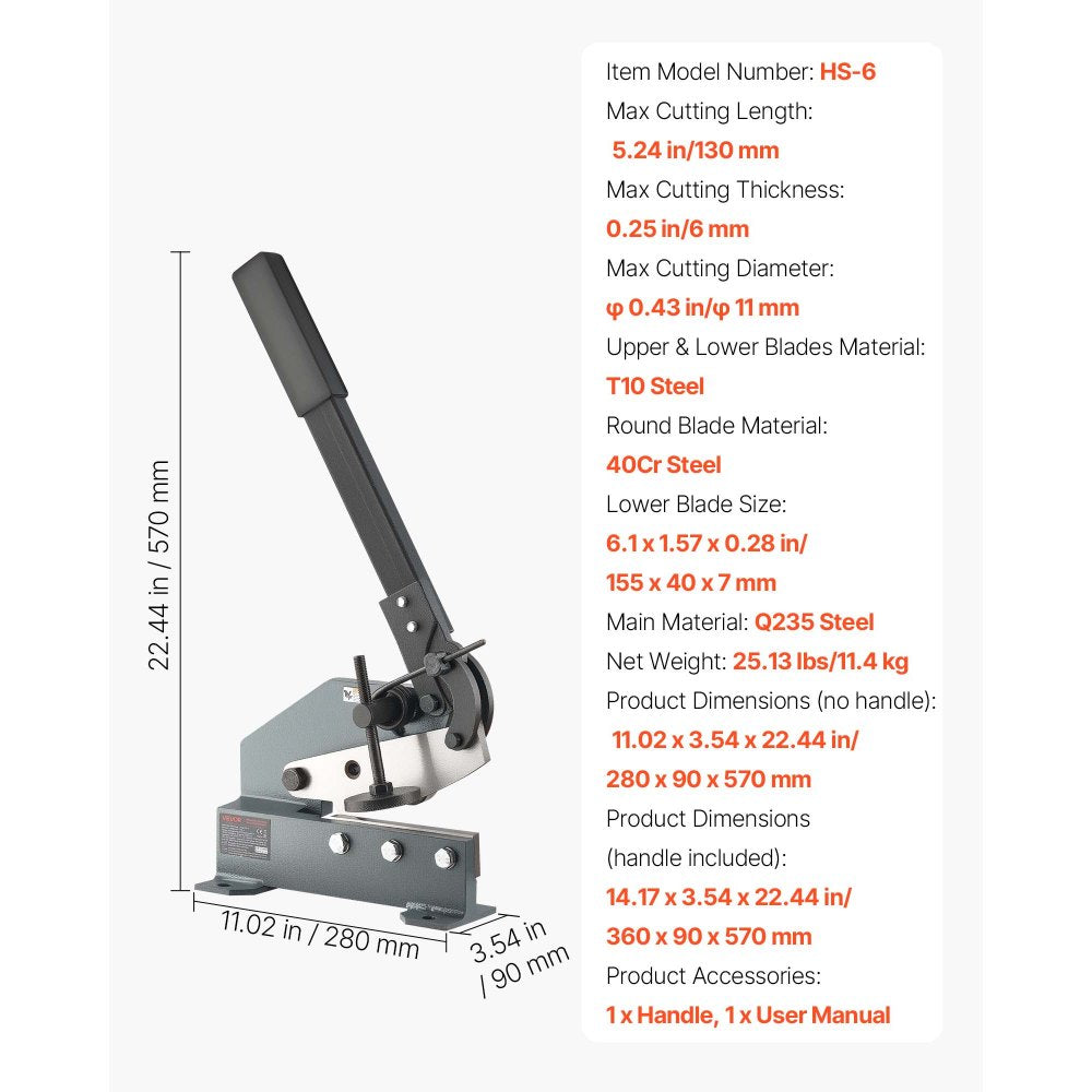 VEVOR Sheet Metal Shear, 6 in Manual Hand Plate Shear, Heavy Duty Mounting Type Sheet Cutter with Solid Steel Frame, High Precision, Extended Handle for Cutting Steel, Copper, Rebar, and Aluminum