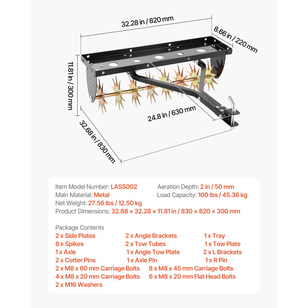 VEVOR Tow Behind Plug Aerator, 32 in Lawn Spike Aerator with Universal Hitch, Heavy Duty & Rust-Resistant, Pull Behind Spike Aerator Tool with Folded Edge Tray, for Farmland & Garden Tractors