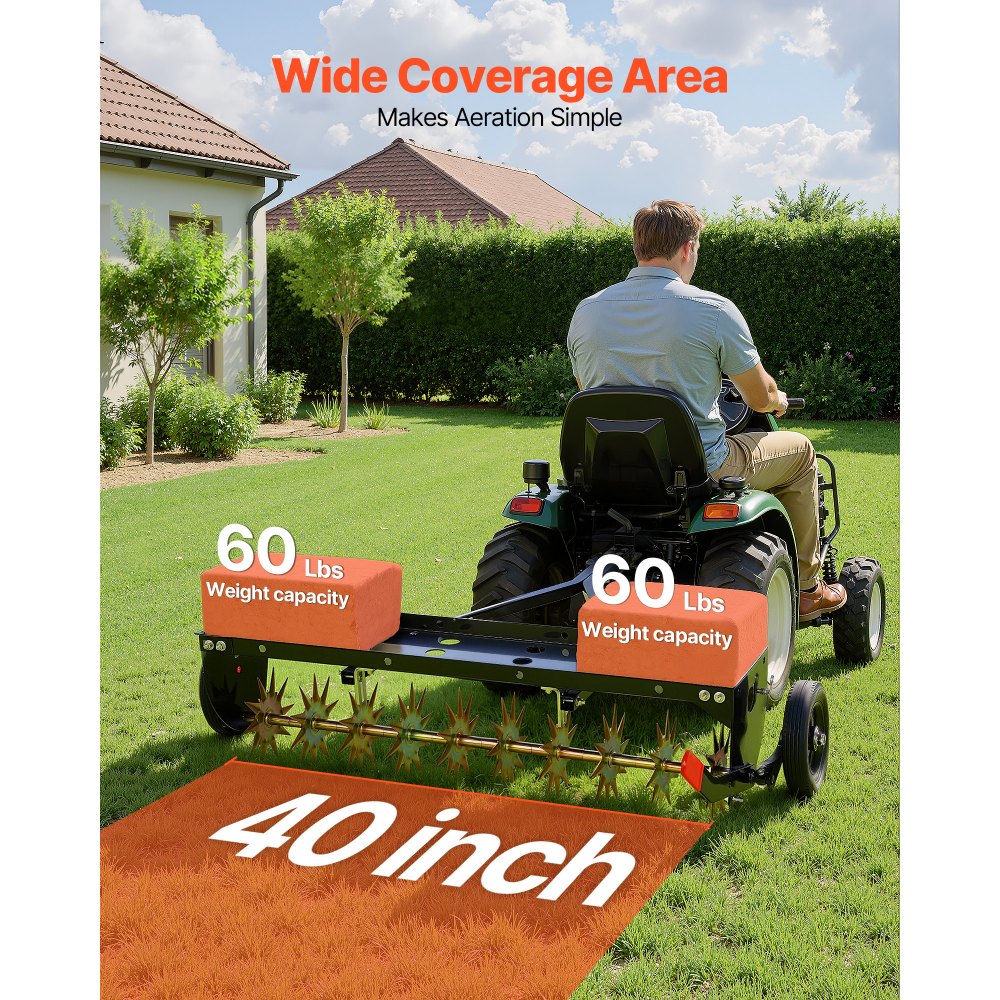 VEVOR Tow Behind Plug Aerator, 40 in Lawn Spike Aerator with Universal Hitch, 150lbs Weight Capacity, Heavy Duty  & Rust-Resistant, Pull Behind Aeration Tool with Tray for Farmland & Garden Tractors