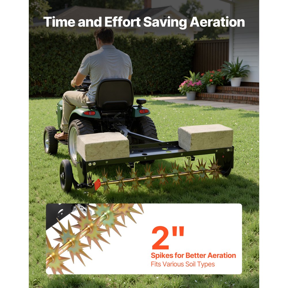 VEVOR Tow Behind Plug Aerator, 40 in Lawn Spike Aerator with Universal Hitch, 150lbs Weight Capacity, Heavy Duty  & Rust-Resistant, Pull Behind Aeration Tool with Tray for Farmland & Garden Tractors