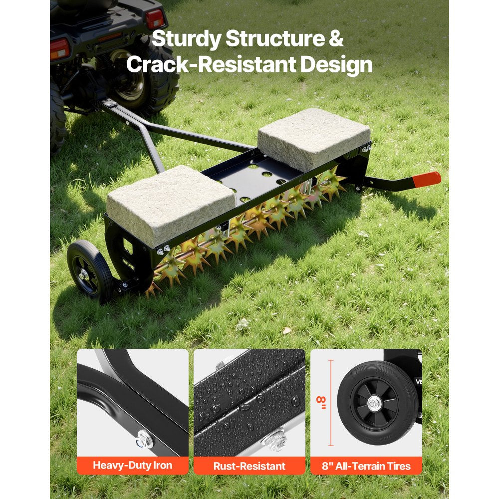VEVOR Tow Behind Plug Aerator, 40 in Lawn Spike Aerator with Universal Hitch, 150lbs Weight Capacity, Heavy Duty  & Rust-Resistant, Pull Behind Aeration Tool with Tray for Farmland & Garden Tractors