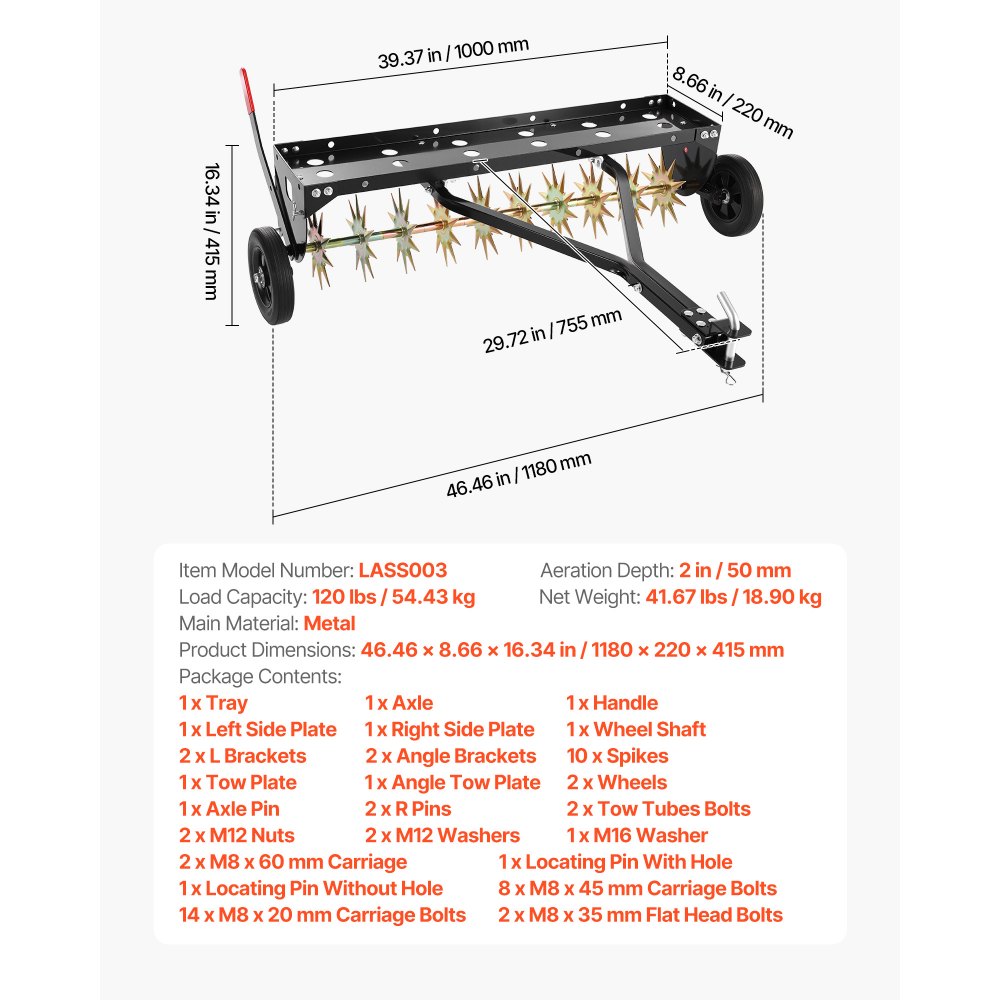 VEVOR Tow Behind Plug Aerator, 40 in Lawn Spike Aerator with Universal Hitch, 150lbs Weight Capacity, Heavy Duty  & Rust-Resistant, Pull Behind Aeration Tool with Tray for Farmland & Garden Tractors