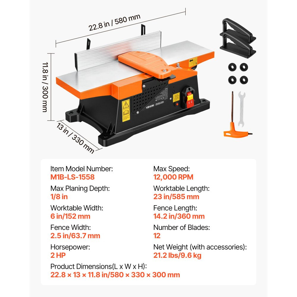 VEVOR Spiral Benchtop Jointer, 6 in, 2 HP 12000 RPM Bench Top Wood Jointer, with 12-Blade Spiral Cutterhead, Up to 1/8 in Depth, Adjustable Fence, 6 x 23 in Cast Aluminum Table, for Woodworking DIY