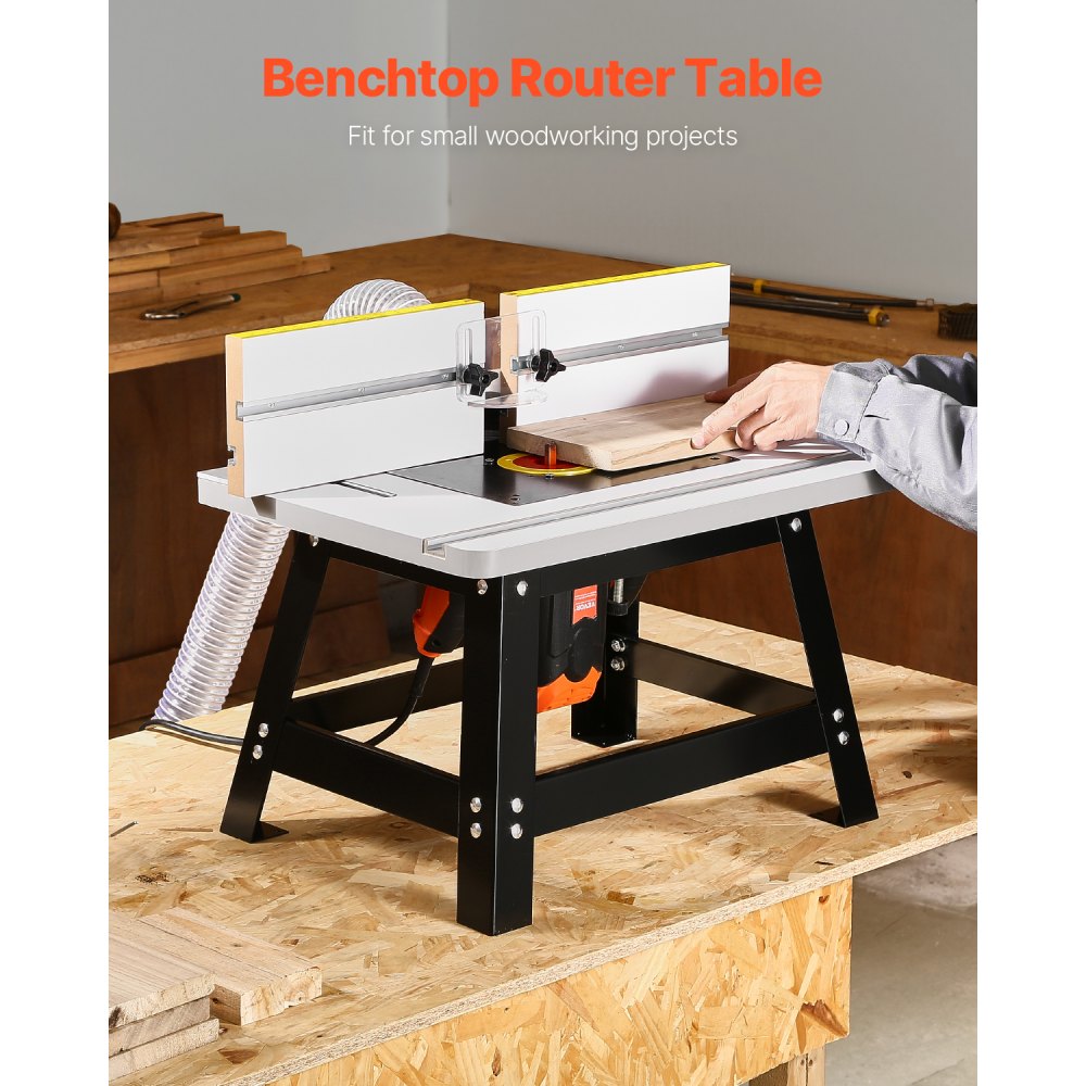 VEVOR Benchtop Router Table, 24 in x 15.7 in, Bench Top Routing Table with Adjustable Fence, MDF Top, Sturdy Metal Base, 2-1/2 in Dust Collection Port, Compatible with Routes & Various Drill Bits