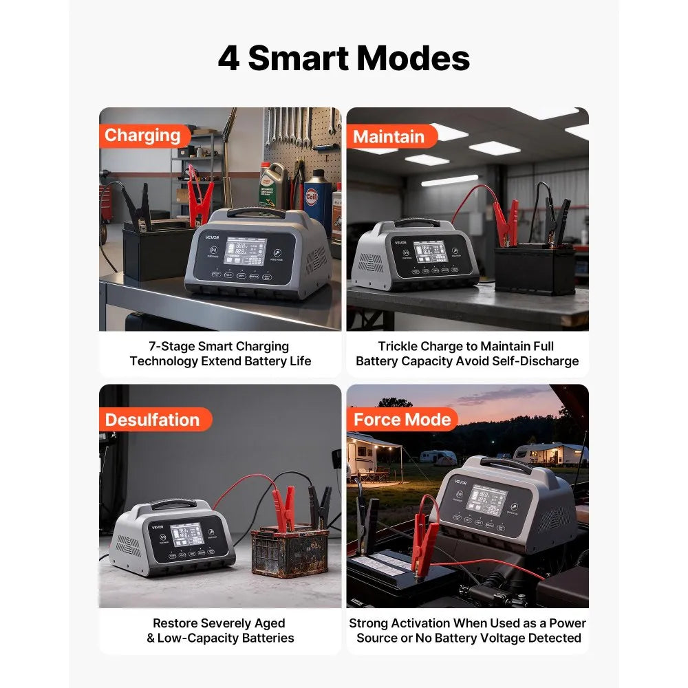 VEVOR Smart Battery Charger, 12A, 6V 12V 24V 36V 48V Lithium LiFePO4 Lead-Acid (Gel / AGM) Car Battery Charger, with LCD Display, Trickle Charging Maintainer Desulfator, for Car, Boat, Motorcycle