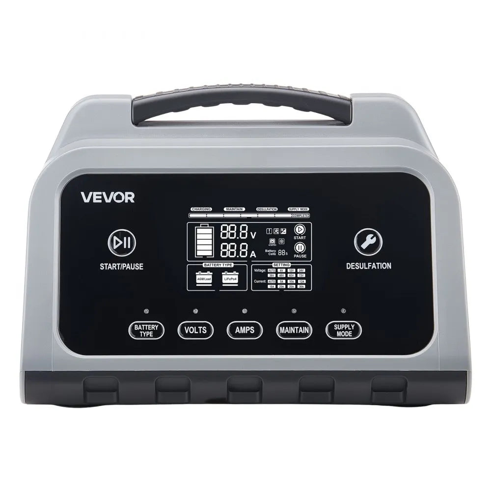 VEVOR Smart Battery Charger, 20A, 6V 12V 24V Lithium LiFePO4 Lead-Acid (Gel/AGM) Car Battery Charger, with LCD Display, Trickle Charging Maintainer Desulfator, for Car, Boat, Motorcycle, Lawn Mowers