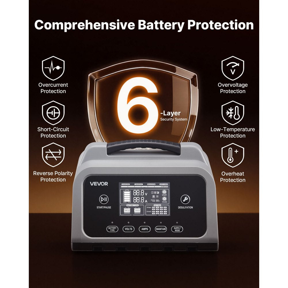 VEVOR Smart Battery Charger, 25A, 6V 12V 24V Lithium LiFePO4 Lead-Acid (Gel/AGM) Car Battery Charger, with LCD Display, Trickle Charging Maintainer Desulfator, for Car, Boat, Motorcycle, Lawn Mowers