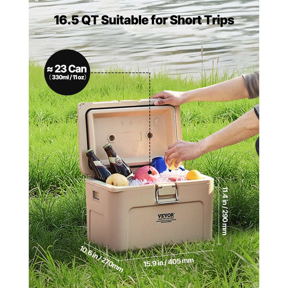 VEVOR Portable Cooler, 16.5 QT Hard Cooler with Ice Retention, Heavy-Duty Handles and Cup Holder, Lightweight Rigid Material Insulated Portable Cooler, Suitable for Family Picnics and Short Trips