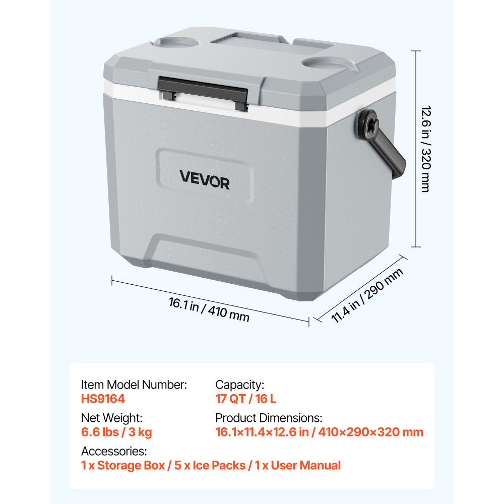 VEVOR Hard Cooler, 17QT Portable Cooler, Leak-Resistant Coolbox Keeps Contents Cool for 48 Hours, Insulated Chests with Ice Retention and Heavy-Duty Handle, Ultra-Light for Camping, Concerts, Sports