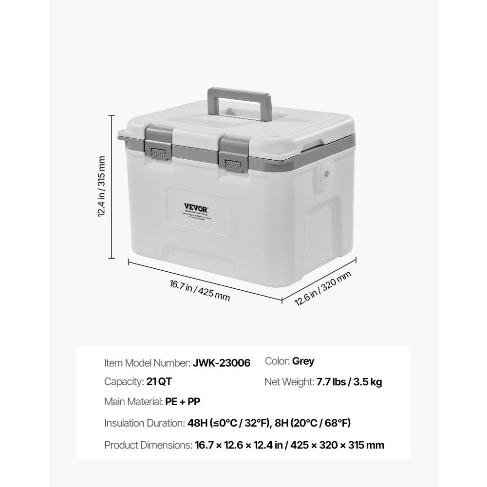 VEVOR Portable Cooler, 21 QT Hard Cooler with Ice Retention, Heavy-Duty Handles and Strap, Lightweight Rigid Material Insulated Portable Cooler, Suitable for Family Picnics and Short Trips