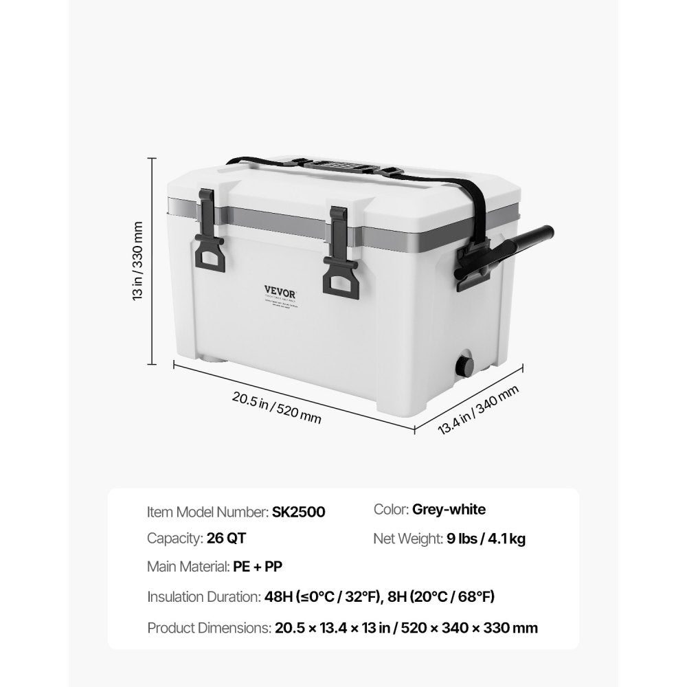 VEVOR Portable Cooler, 26 QT Hard Cooler with Ice Retention, Heavy-Duty Handles and Strap, Lightweight Rigid Material Insulated Portable Cooler, Suitable for Family Picnics and Short Trips