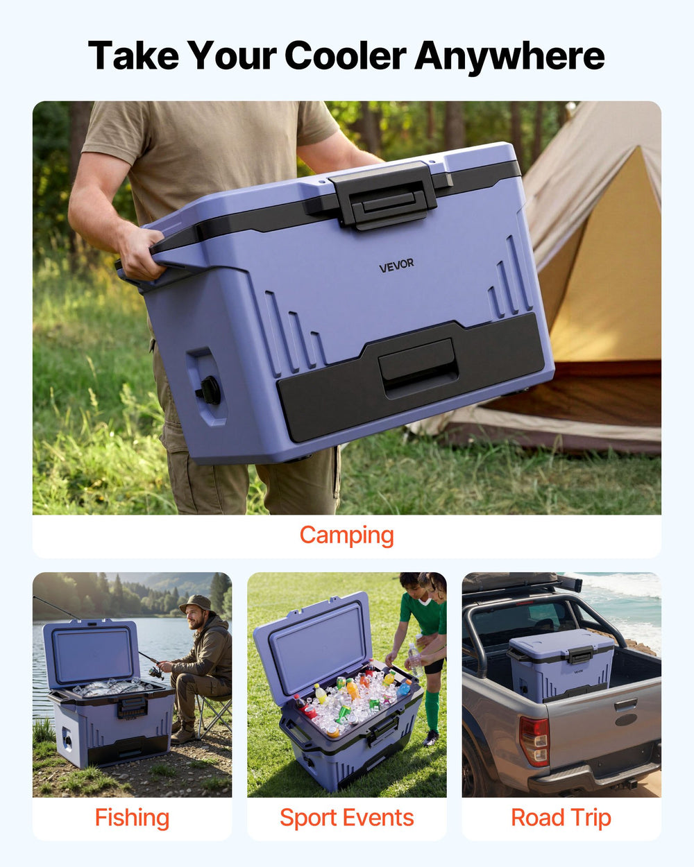 VEVOR Hard Cooler, 50QT Portable Cooler, Leak-Resistant Coolbox Keeps Contents Cool for 48 Hours, Insulated Chests with Ice Retention and Heavy-Duty Handle, Ultra-Light for Camping, Concerts, Sports