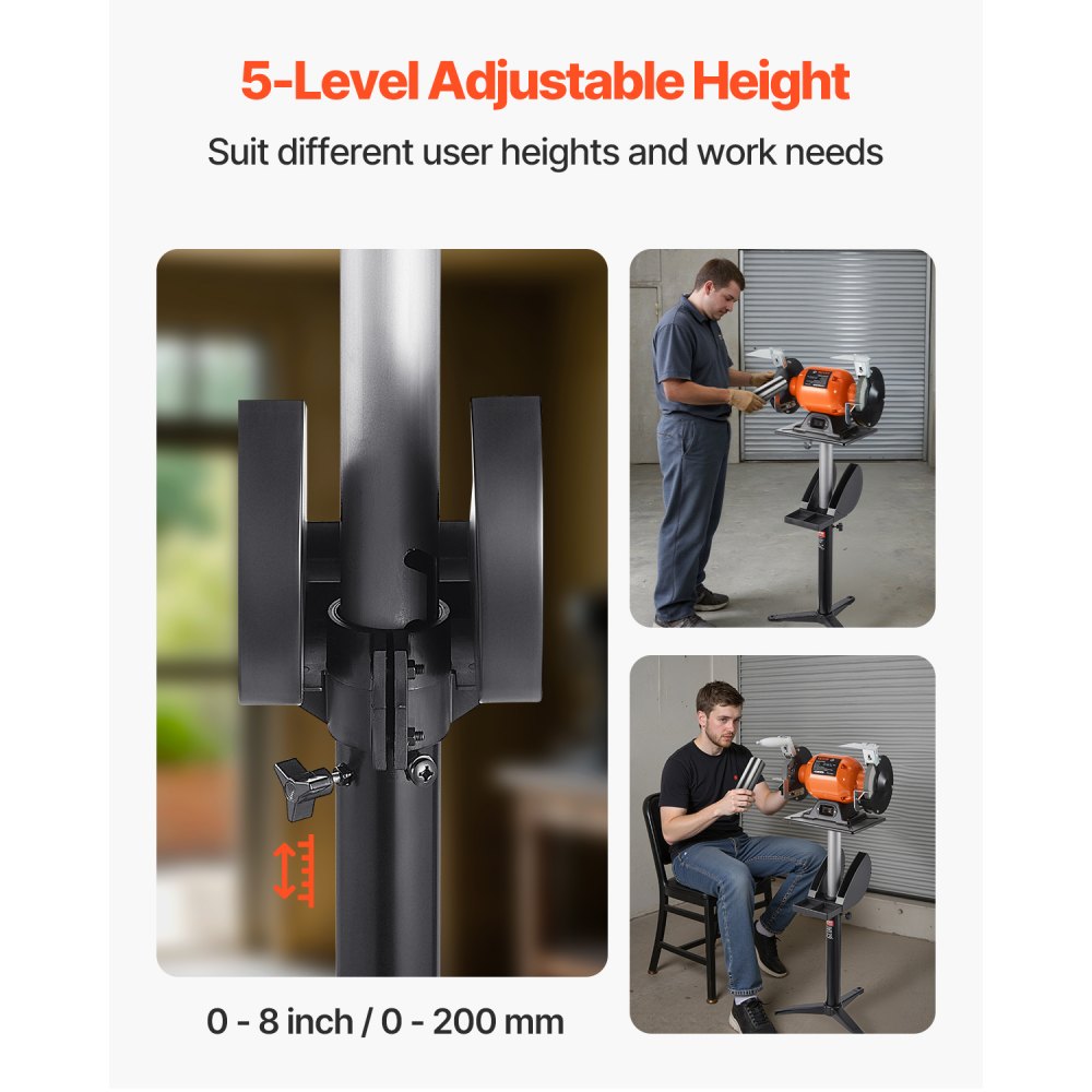 VEVOR Bench Grinder Stand, Bench Grinder Vise Floor Pedestal with 12" x 10" Mounting Plate, 5-Level Height Adjustable Pedestal Stand with Grinding Wheel Storage Compartment & Heavy-Duty Cast Iron Base
