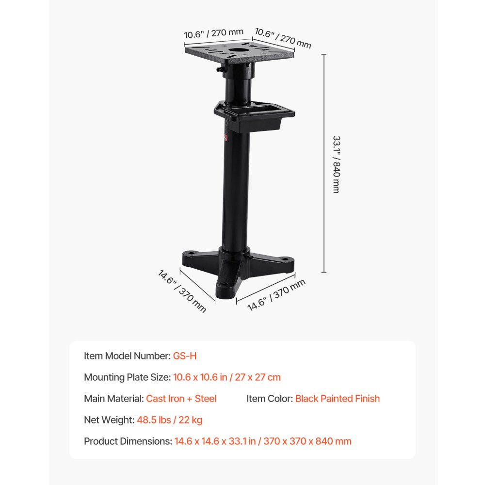 VEVOR Bench Grinder Stand, Heavy-Duty Bench Grinder and Vise Floor Pedestal with 10.6" x 10.6" Mounting Plate, Pre-Cut Mounting Slots & Water Pot, Compatible with Most Bench Grinders