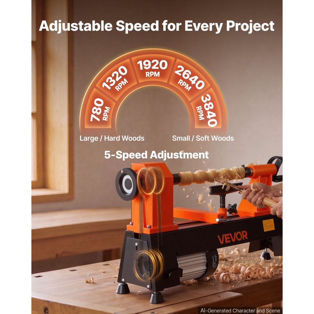 VEVOR Wood Lathe 3/4 HP 12" x 18" Benchtop Wood Lathe Machine 5 Speeds, 780/1320/1920/2640/3840 RPM, with Tool Rest, Wrenches, Faceplate, Heavy Duty, for Beginner Professional Woodworking, Woodturning