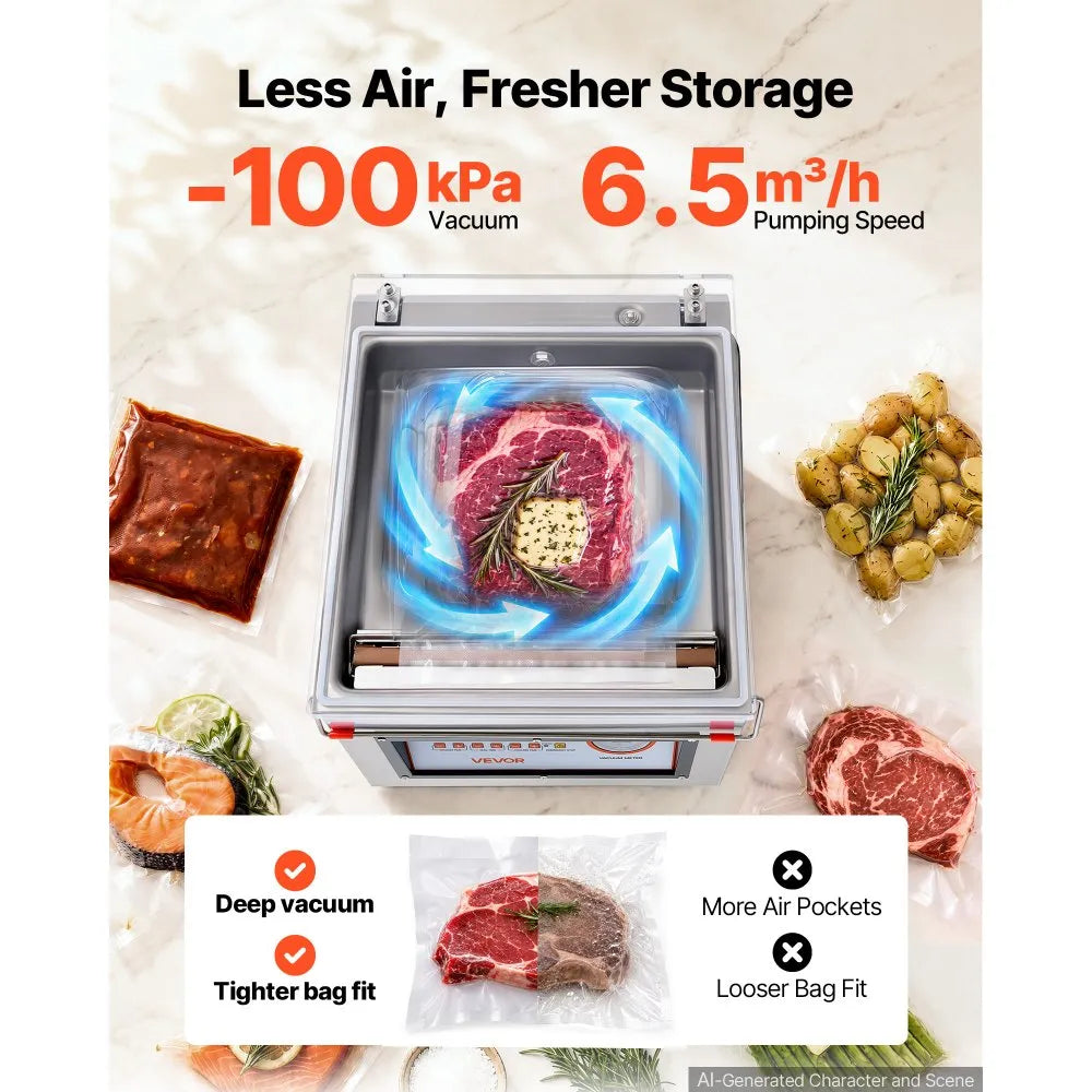VEVOR Chamber Vacuum Sealer 2.2 Gal Chamber 12" Seal Bar Packing Machine, for Home Kitchen Use, 180W Commercial-Grade Oil Pump, Stainless Steel Food Packaging Machine for Meats, Marinades & Sous Vide