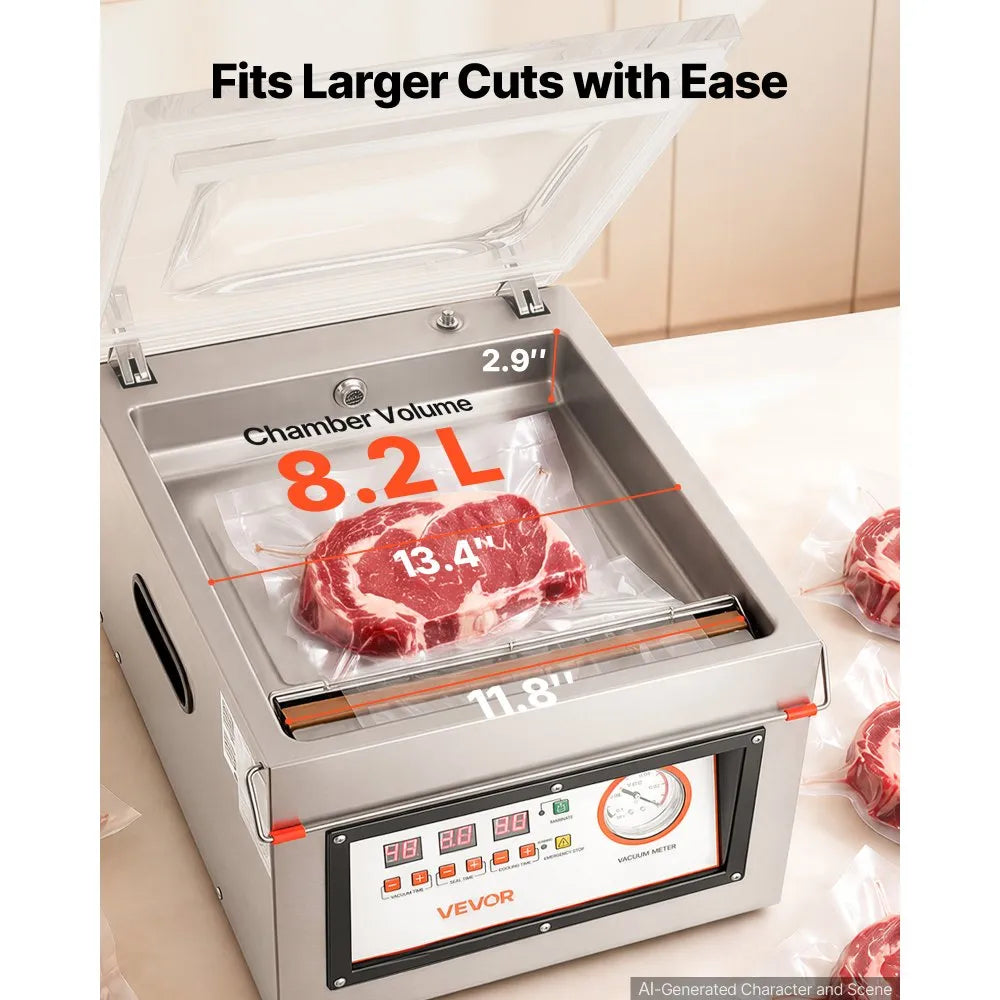 VEVOR Chamber Vacuum Sealer 2.2 Gal Chamber 12" Seal Bar Packing Machine, for Home Kitchen Use, 180W Commercial-Grade Oil Pump, Stainless Steel Food Packaging Machine for Meats, Marinades & Sous Vide