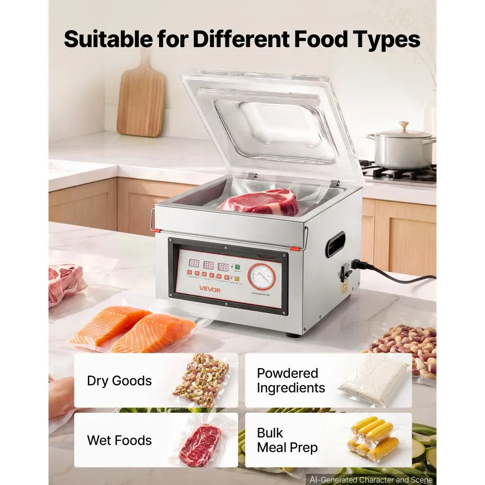 VEVOR Chamber Vacuum Sealer 2.2 Gal Chamber 12" Seal Bar Packing Machine, for Home Kitchen Use, 180W Commercial-Grade Oil Pump, Stainless Steel Food Packaging Machine for Meats, Marinades & Sous Vide