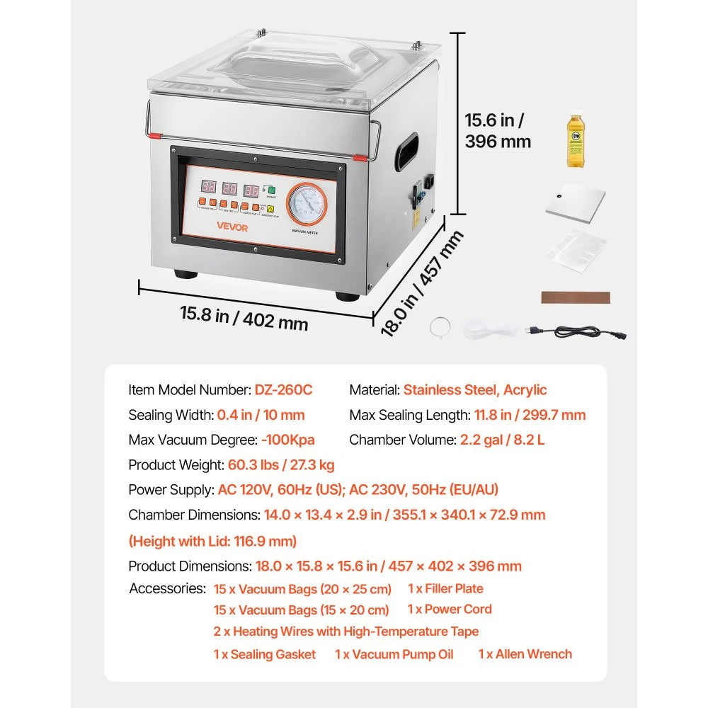 VEVOR Chamber Vacuum Sealer 2.2 Gal Chamber 12" Seal Bar Packing Machine, for Home Kitchen Use, 180W Commercial-Grade Oil Pump, Stainless Steel Food Packaging Machine for Meats, Marinades & Sous Vide