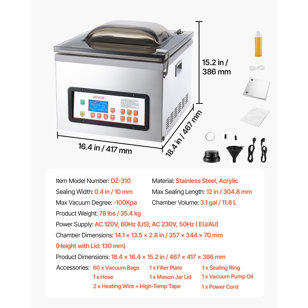 VEVOR Chamber Vacuum Sealer 3.1 Gal Chamber 12" Seal Bar Packing Machine, for Home Kitchen Use, 370W Commercial-Grade Oil Pump, Food Packaging Machine for Meats, Marinades, Mason Jar Kit & Sous Vide