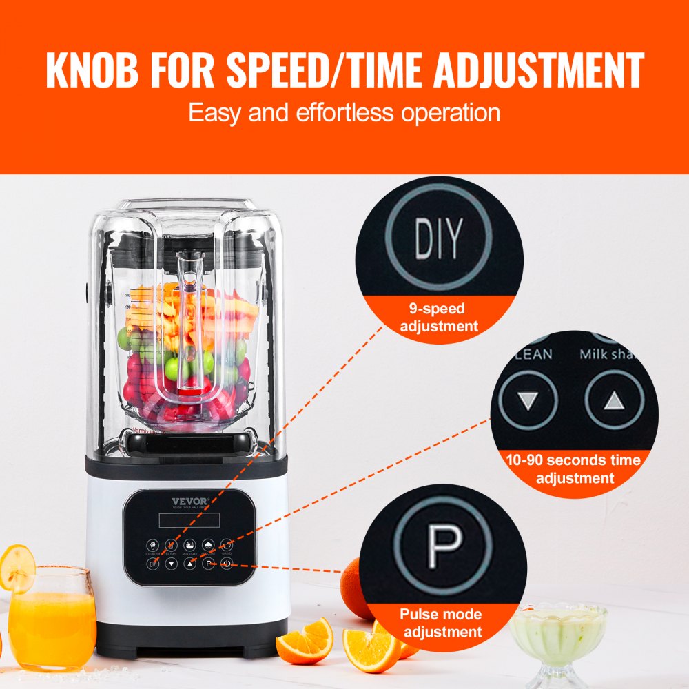 VEVOR Professional Blender with Shield, Commercial Countertop Blenders, 68 oz Plastic Jar Blender Combo, Stainless Steel 9 Speed & 5 Functions Blender, for Shakes, Smoothies, Peree, and Crush Ice, White