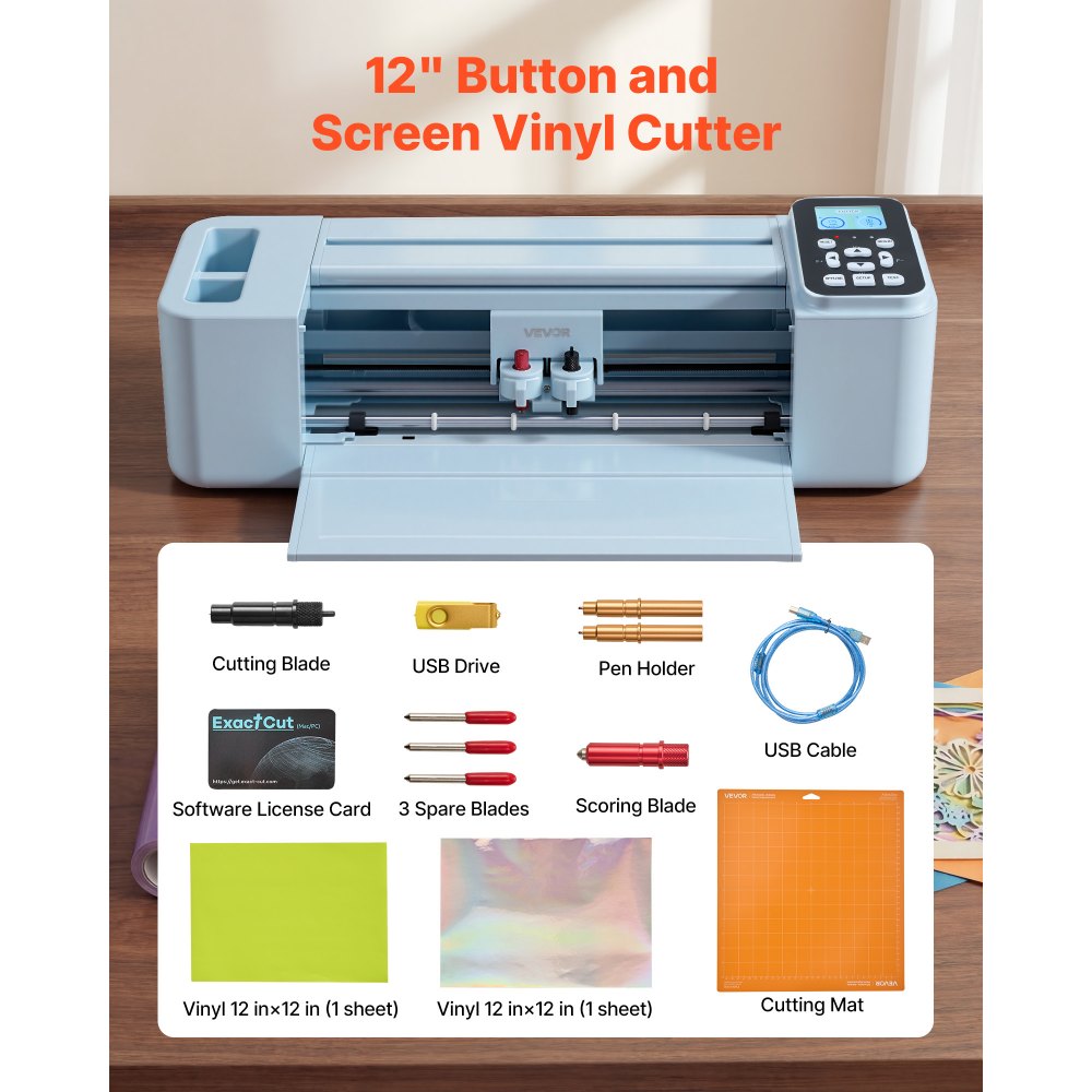 VEVOR Vinyl Cutting Machine, 12 in, Button and Screen Controlled Vinyl Cutter, 20000+ Built-in Design Resources, Compatible with Mac, Windows, Android and iOS, for Creating Customized Crafts Cards