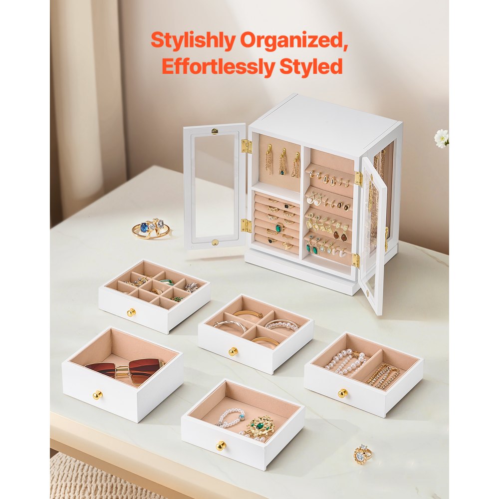 VEVOR Jewelry Box, 360° Rotating Jewelry Organizer with 5 Drawers, Acrylic Window, 4 Necklace Hooks on Each Side, Spacious Storage Case with Metal Handles, Bottom Pad and Soft Velvet Lining, White
