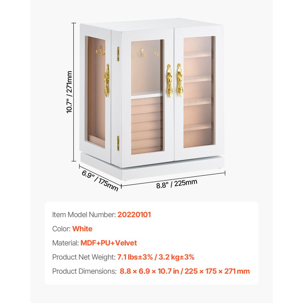 VEVOR Jewelry Box, 360° Rotating Jewelry Organizer with 5 Drawers, Acrylic Window, 4 Necklace Hooks on Each Side, Spacious Storage Case with Metal Handles, Bottom Pad and Soft Velvet Lining, White