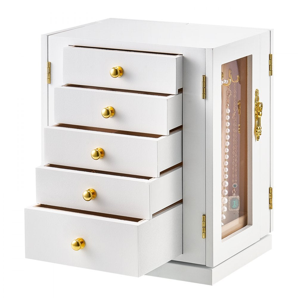 VEVOR Jewelry Box, 360° Rotating Jewelry Organizer with 5 Drawers, Acrylic Window, 4 Necklace Hooks on Each Side, Spacious Storage Case with Metal Handles, Bottom Pad and Soft Velvet Lining, White