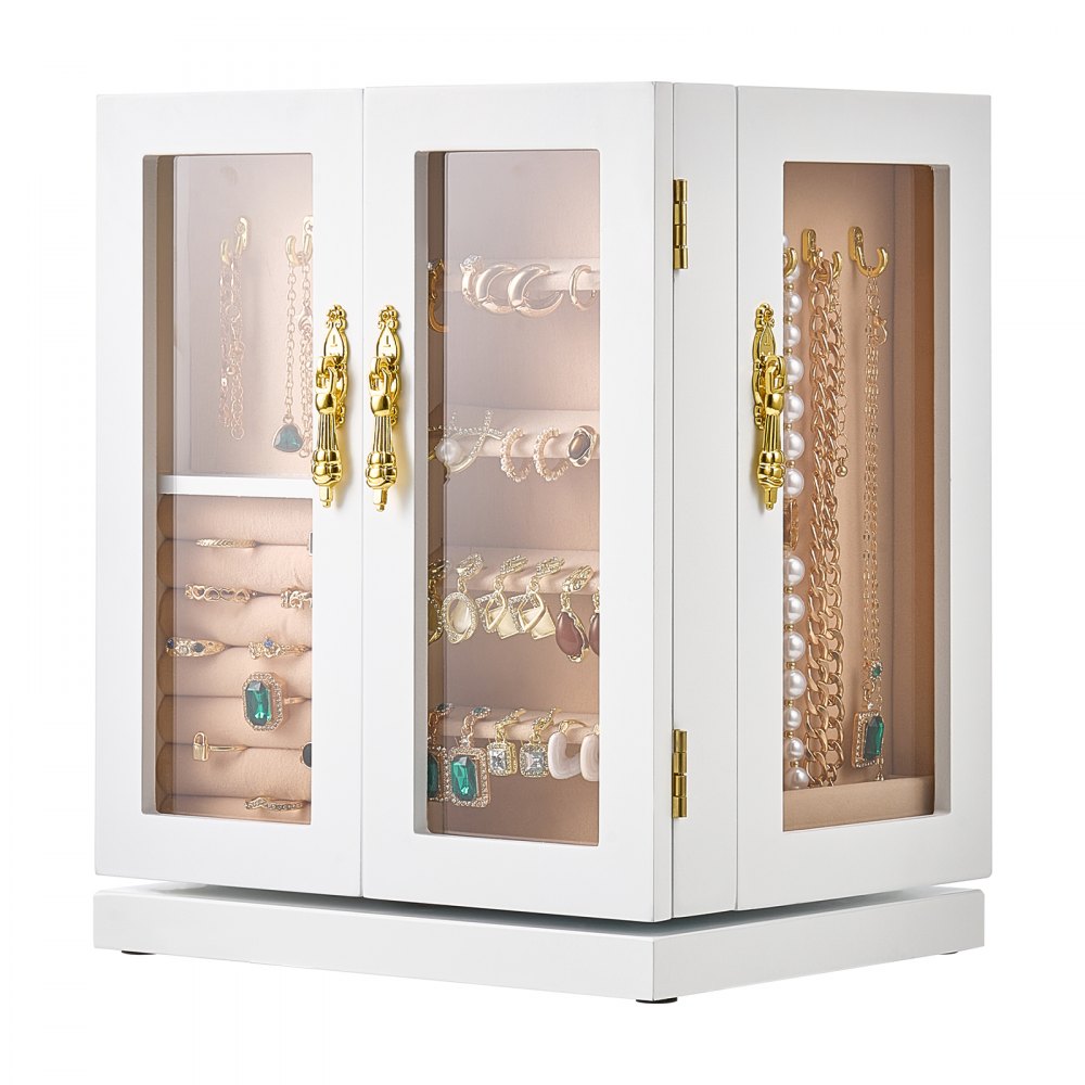 VEVOR Jewelry Box, 360° Rotating Jewelry Organizer with 5 Drawers, Acrylic Window, 4 Necklace Hooks on Each Side, Spacious Storage Case with Metal Handles, Bottom Pad and Soft Velvet Lining, White