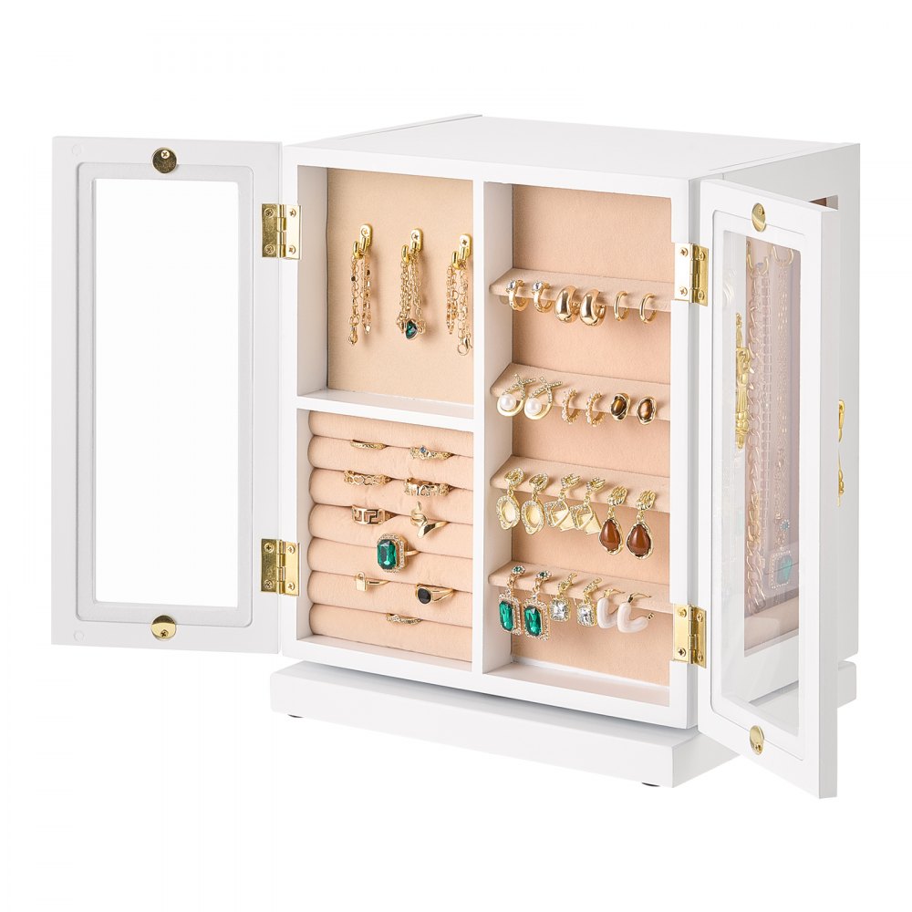 VEVOR Jewelry Box, 360° Rotating Jewelry Organizer with 5 Drawers, Acrylic Window, 4 Necklace Hooks on Each Side, Spacious Storage Case with Metal Handles, Bottom Pad and Soft Velvet Lining, White