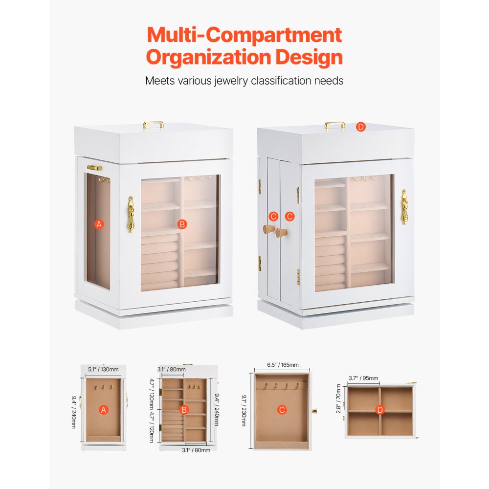VEVOR Jewelry Box, 360° Rotating Jewelry Organizer with Magnetic Door, Acrylic Window and Built-in 4 Necklace Hooks, Spacious Storage Case with Metal Handles, Bottom Pad and Soft Flannel Lining, White