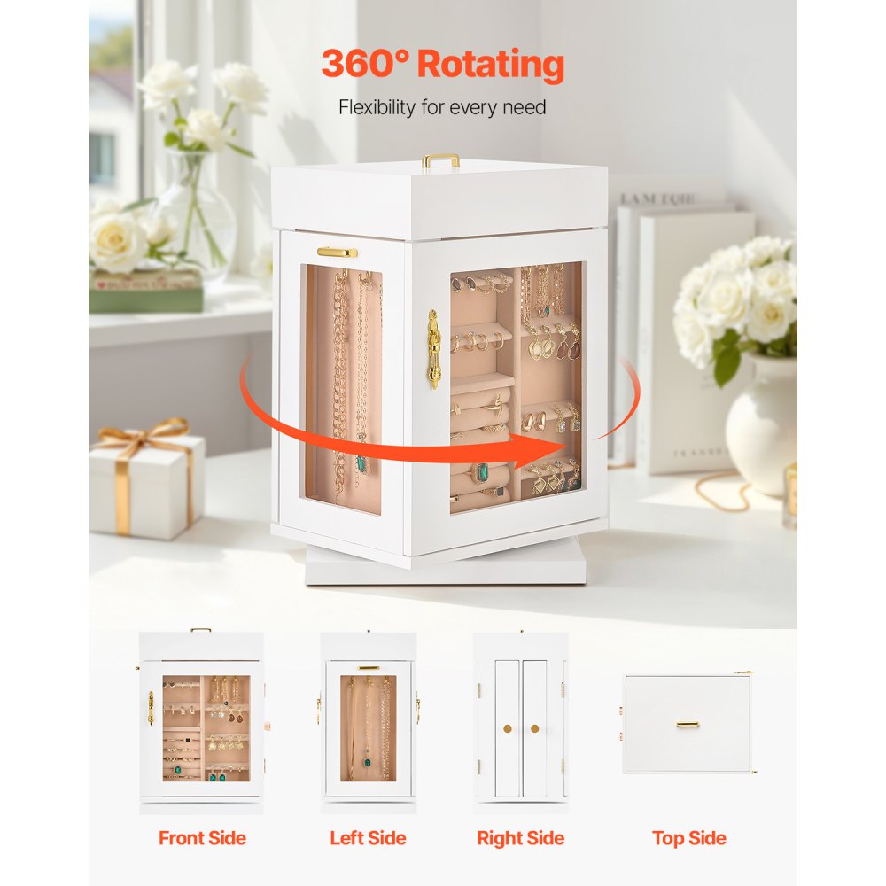 VEVOR Jewelry Box, 360° Rotating Jewelry Organizer with Magnetic Door, Acrylic Window and Built-in 4 Necklace Hooks, Spacious Storage Case with Metal Handles, Bottom Pad and Soft Flannel Lining, White