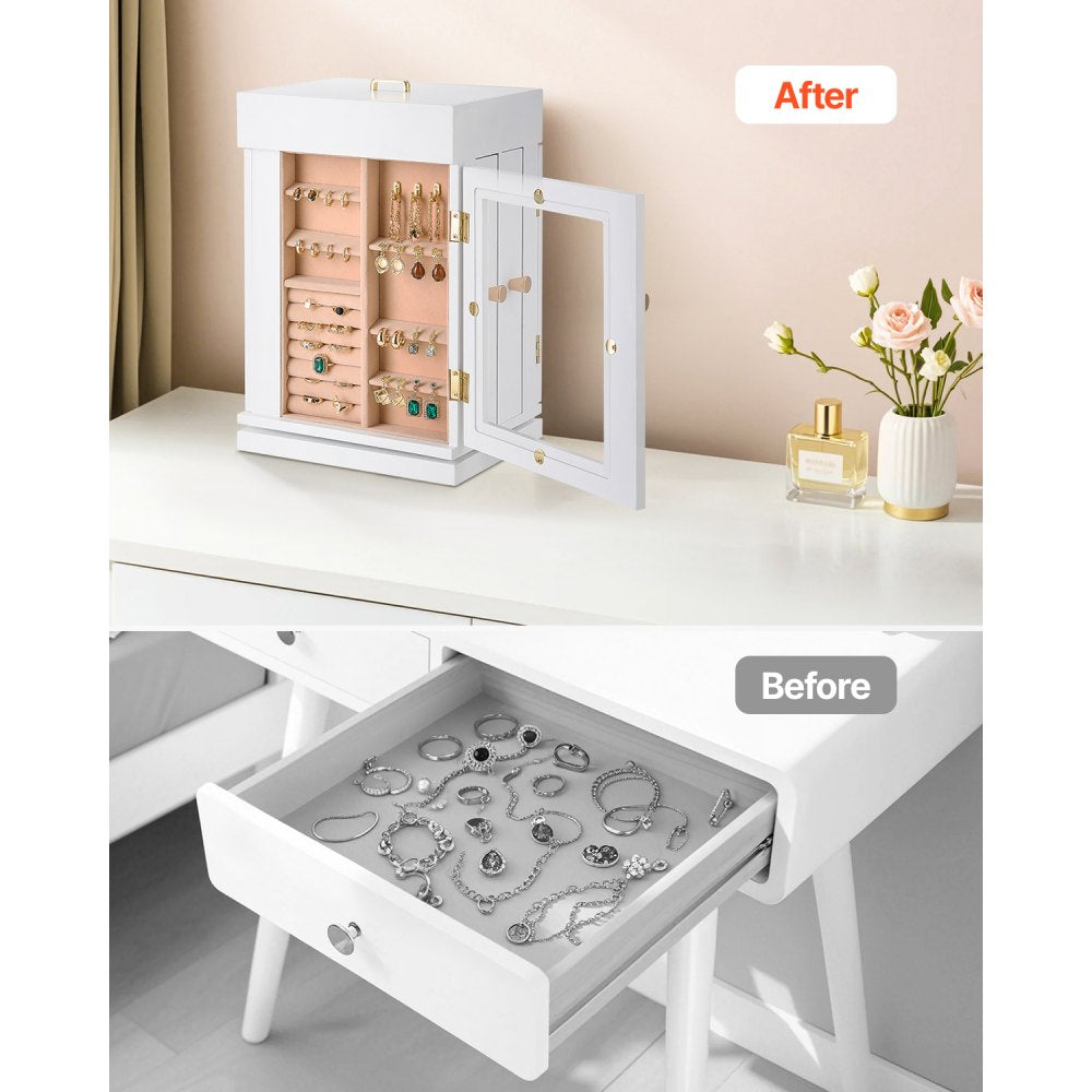VEVOR Jewelry Box, 360° Rotating Jewelry Organizer with Magnetic Door, Acrylic Window and Built-in 4 Necklace Hooks, Spacious Storage Case with Metal Handles, Bottom Pad and Soft Flannel Lining, White