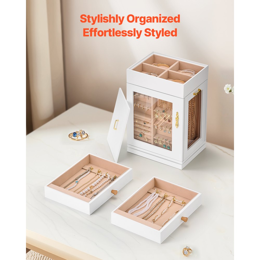 VEVOR Jewelry Box, 360° Rotating Jewelry Organizer with Magnetic Door, Acrylic Window and Built-in 4 Necklace Hooks, Spacious Storage Case with Metal Handles, Bottom Pad and Soft Flannel Lining, White