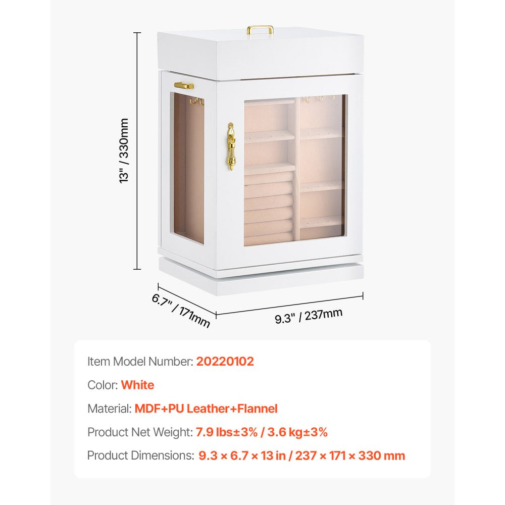 VEVOR Jewelry Box, 360° Rotating Jewelry Organizer with Magnetic Door, Acrylic Window and Built-in 4 Necklace Hooks, Spacious Storage Case with Metal Handles, Bottom Pad and Soft Flannel Lining, White