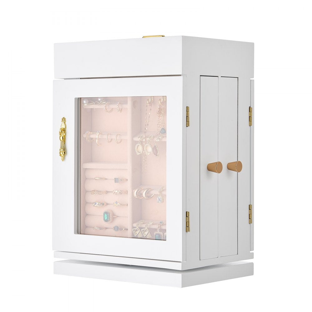VEVOR Jewelry Box, 360° Rotating Jewelry Organizer with Magnetic Door, Acrylic Window and Built-in 4 Necklace Hooks, Spacious Storage Case with Metal Handles, Bottom Pad and Soft Flannel Lining, White