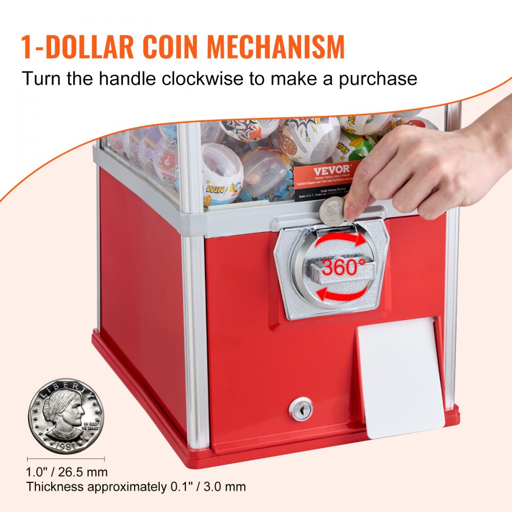 VEVOR Gumball Machine for Kids, 21" Height Home Vending Machine, PS Bouncy Balls Dispenser, Hold 180 Capsule Toys, Rectangle Bubble Gum Machine for Game Stores, Coin Operated Gumball Bank, Red