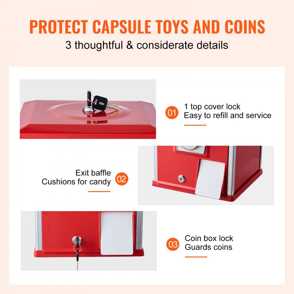 VEVOR Gumball Machine for Kids, 21" Height Home Vending Machine, PS Bouncy Balls Dispenser, Hold 180 Capsule Toys, Rectangle Bubble Gum Machine for Game Stores, Coin Operated Gumball Bank, Red