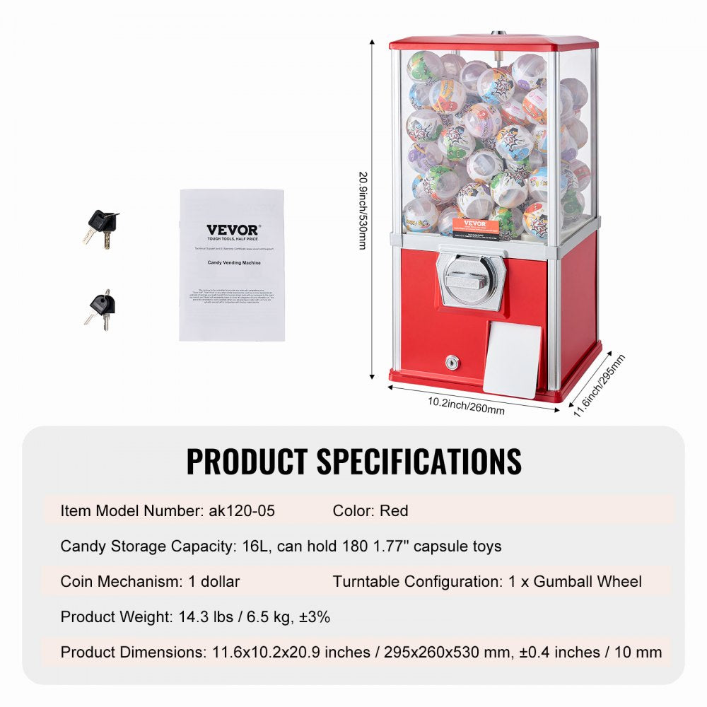 VEVOR Gumball Machine for Kids, 21" Height Home Vending Machine, PS Bouncy Balls Dispenser, Hold 180 Capsule Toys, Rectangle Bubble Gum Machine for Game Stores, Coin Operated Gumball Bank, Red