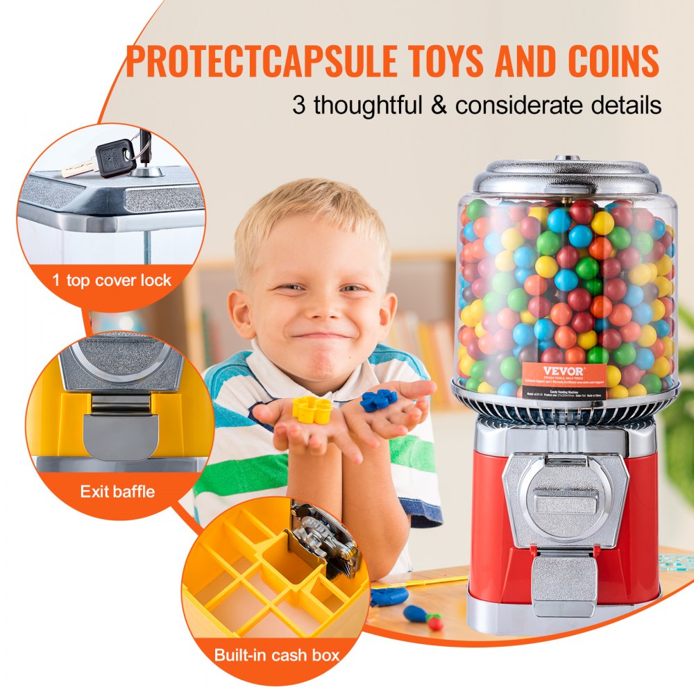 VEVOR Gumball Machine for Kids, 16"H Home Candy Vending Machine, PC Round Gumball Dispenser, Bubble Gum Machine for Game Stores, Coin Operated Gumball Bank for Toy Capsules Bouncy Balls Candy, Red