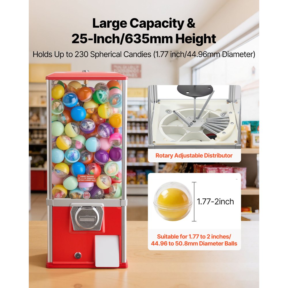 VEVOR Gumball Machine for Kids, 25" Height Home Vending Machine, PS Bouncy Balls Dispenser, Hold 230 Capsule Toys, Rectangle Bubble Gum Machine for Game Stores, Coin Operated Gumball Bank, Red