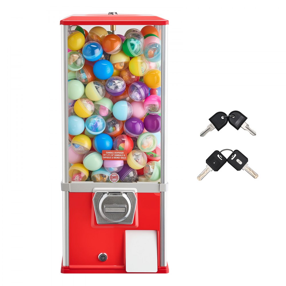 VEVOR Gumball Machine for Kids, 25" Height Home Vending Machine, PS Bouncy Balls Dispenser, Hold 230 Capsule Toys, Rectangle Bubble Gum Machine for Game Stores, Coin Operated Gumball Bank, Red
