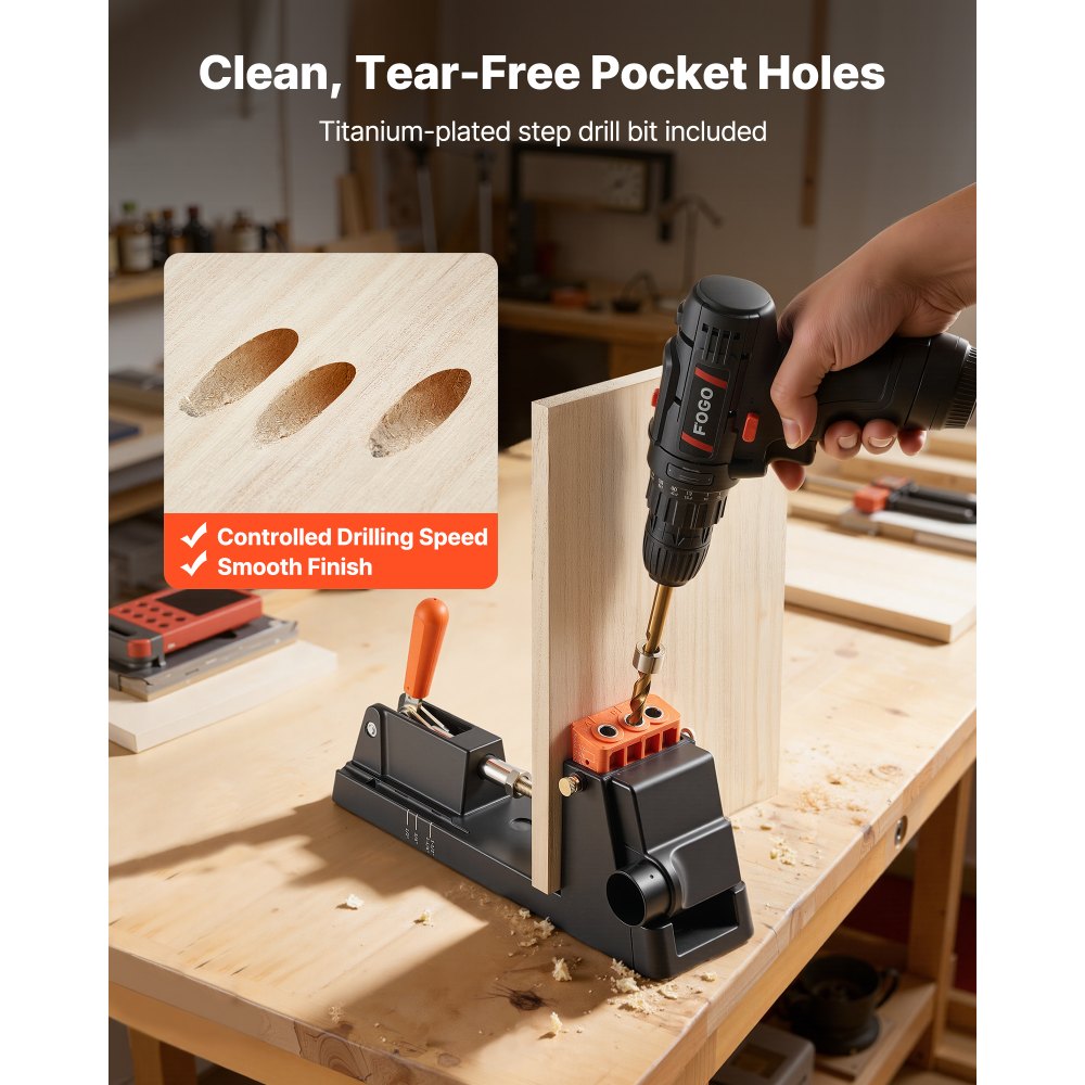 VEVOR Pocket Hole Jig Kit, 1/2" to 1-1/2" Adjustable, Lightweight Jig Pocket Hole System with Dust Collection Adapter, Detachable Guide Block, Drill Bit, Stop Collar, Easy Adjusting, for Woodworking