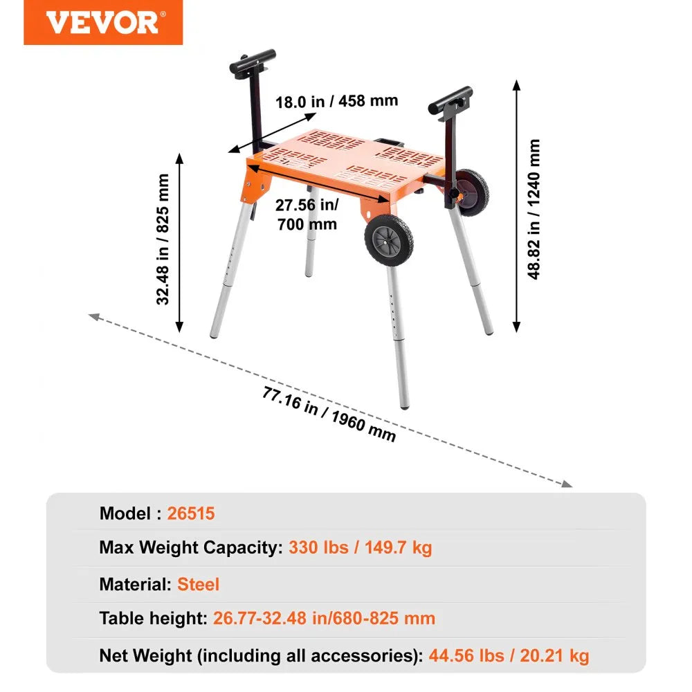 VEVOR Miter Saw Stand with Tabletop and Wheels, 330lbs Load Capacity Steel Collapsible Rolling Stand for Miter Saw, Adjustable Height and Length, Portable Compact and Folding Miter Saw Stand